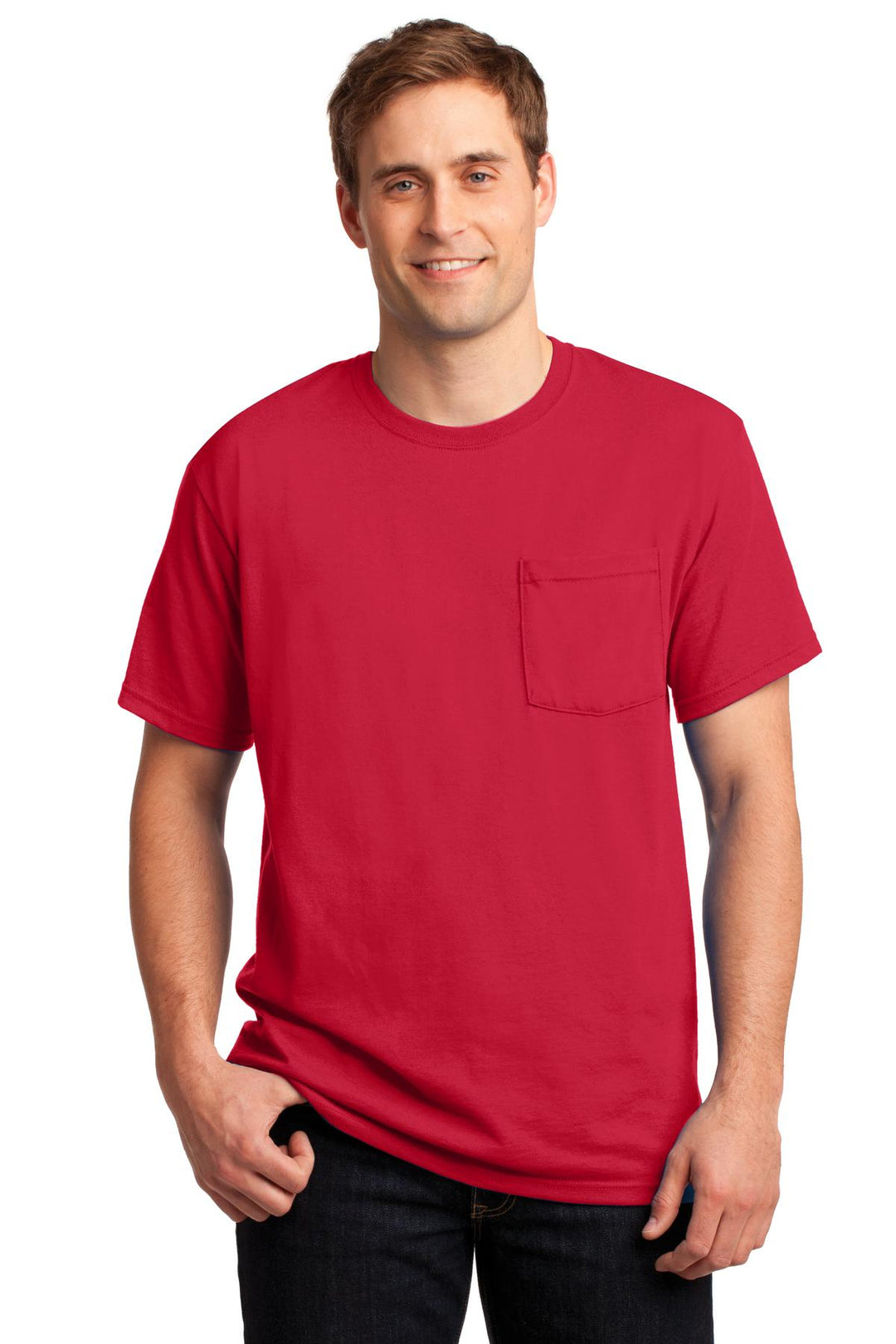 Front View of True Red Jerzees - Dri-Power 50/50 Cotton/Poly Pocket T-Shirt. 29MP