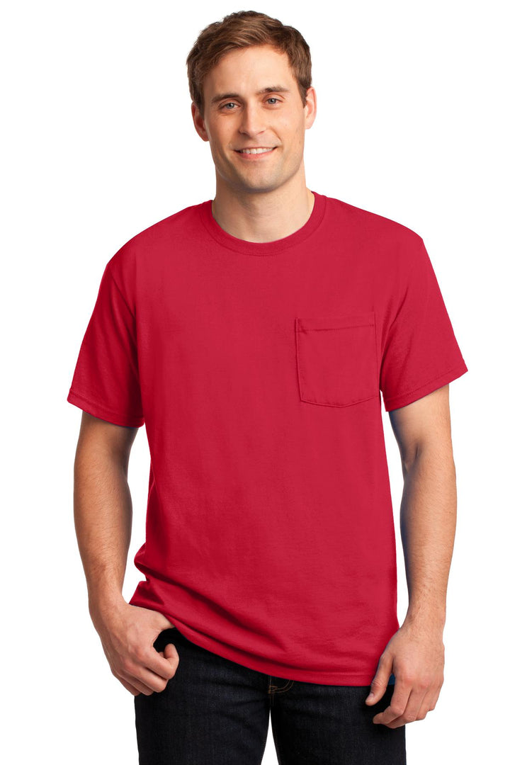 Front View of True Red Jerzees - Dri-Power 50/50 Cotton/Poly Pocket T-Shirt. 29MP