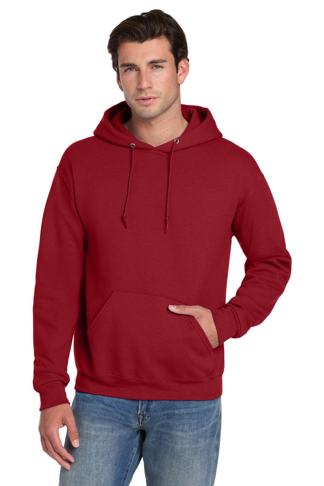 Front View of True Red Jerzees Super Sweats NuBlend - Pullover Hooded Sweatshirt. 4997M
