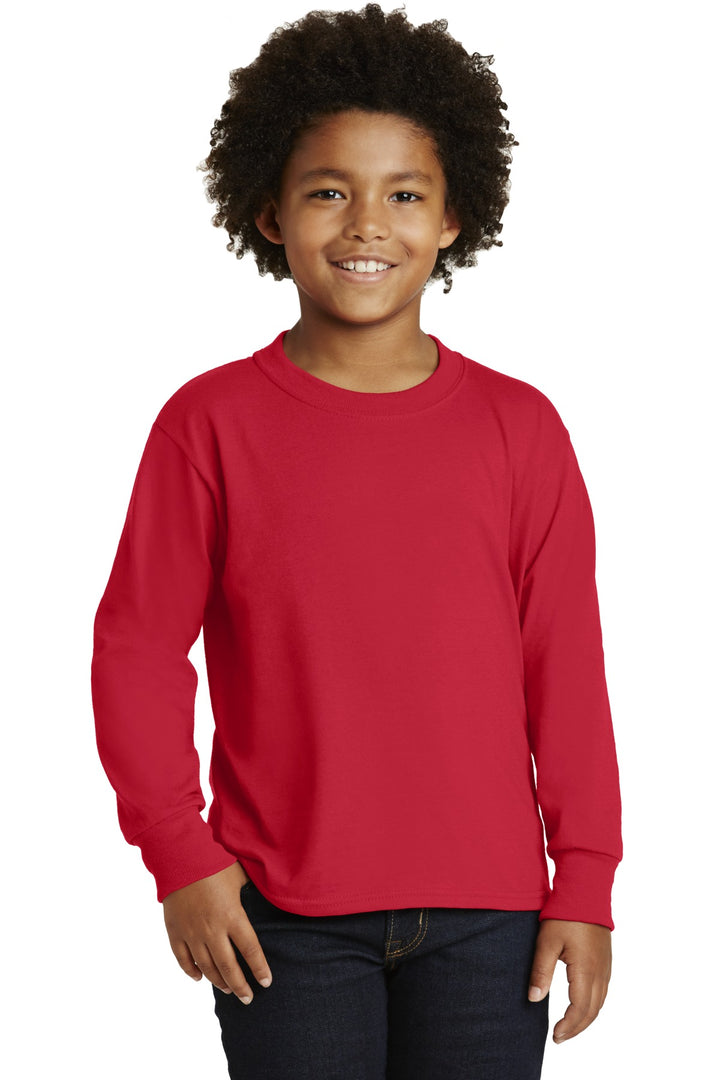 Front View of True Red Jerzees Youth Dri-Power 50/50 Cotton/Poly Long Sleeve 29BL