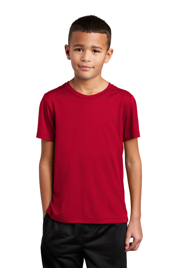 Front View of True Red Sport-Tek Youth Posi-UV Pro Tee. YST420
