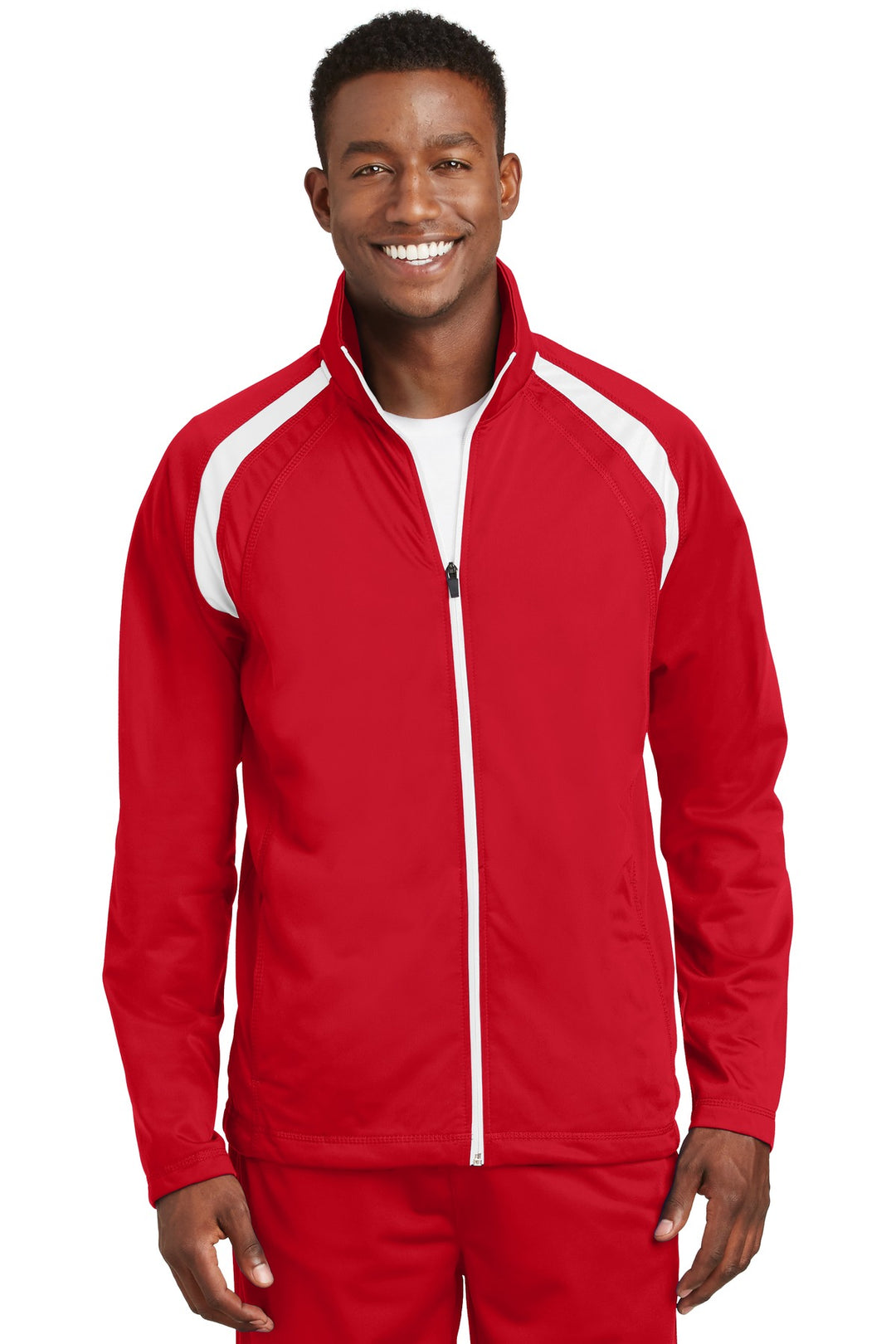 Front View of True Red/White Sport-Tek Tricot Track Jacket. JST90