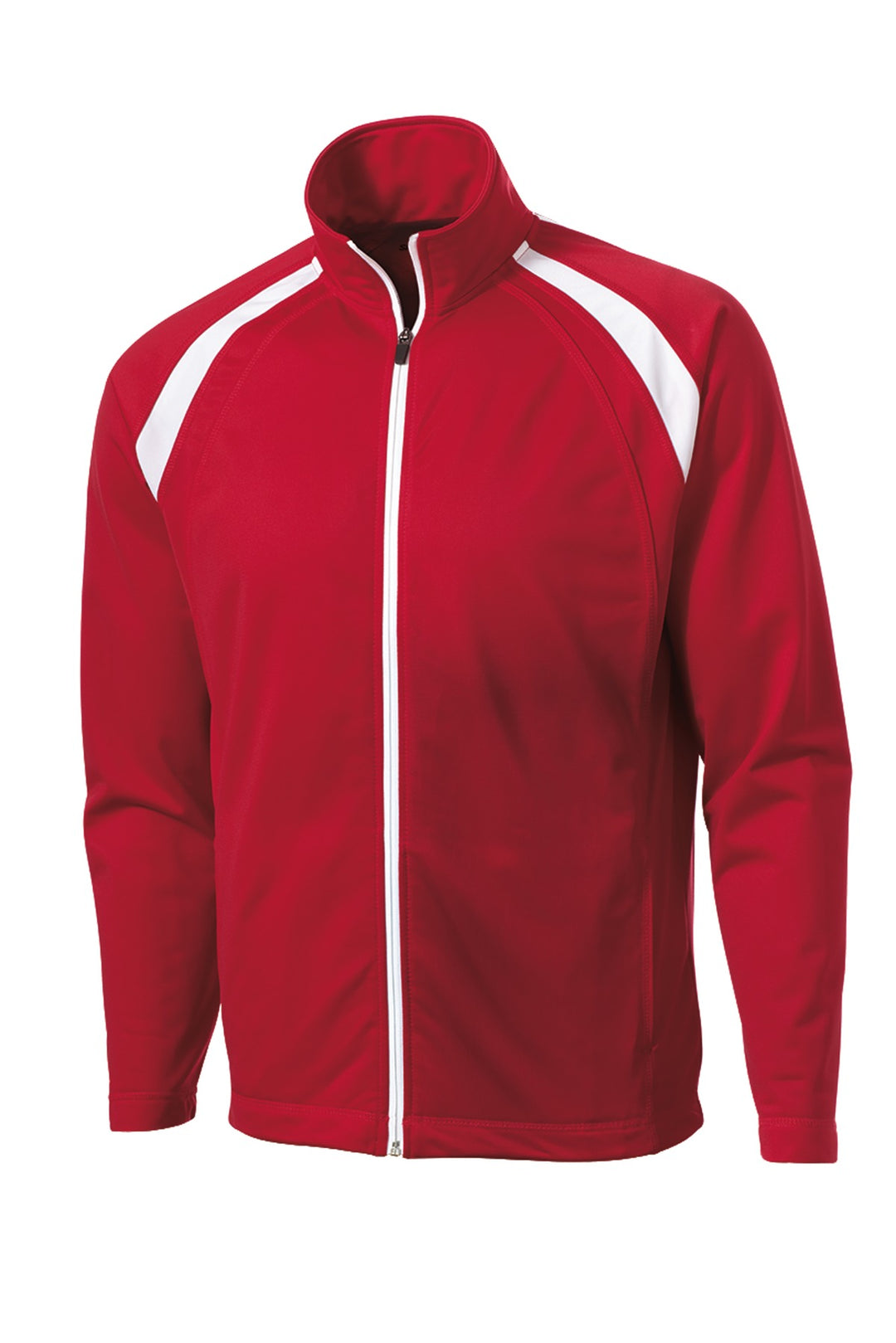 Front View of True Red/White Sport-Tek Tricot Track Jacket. JST90