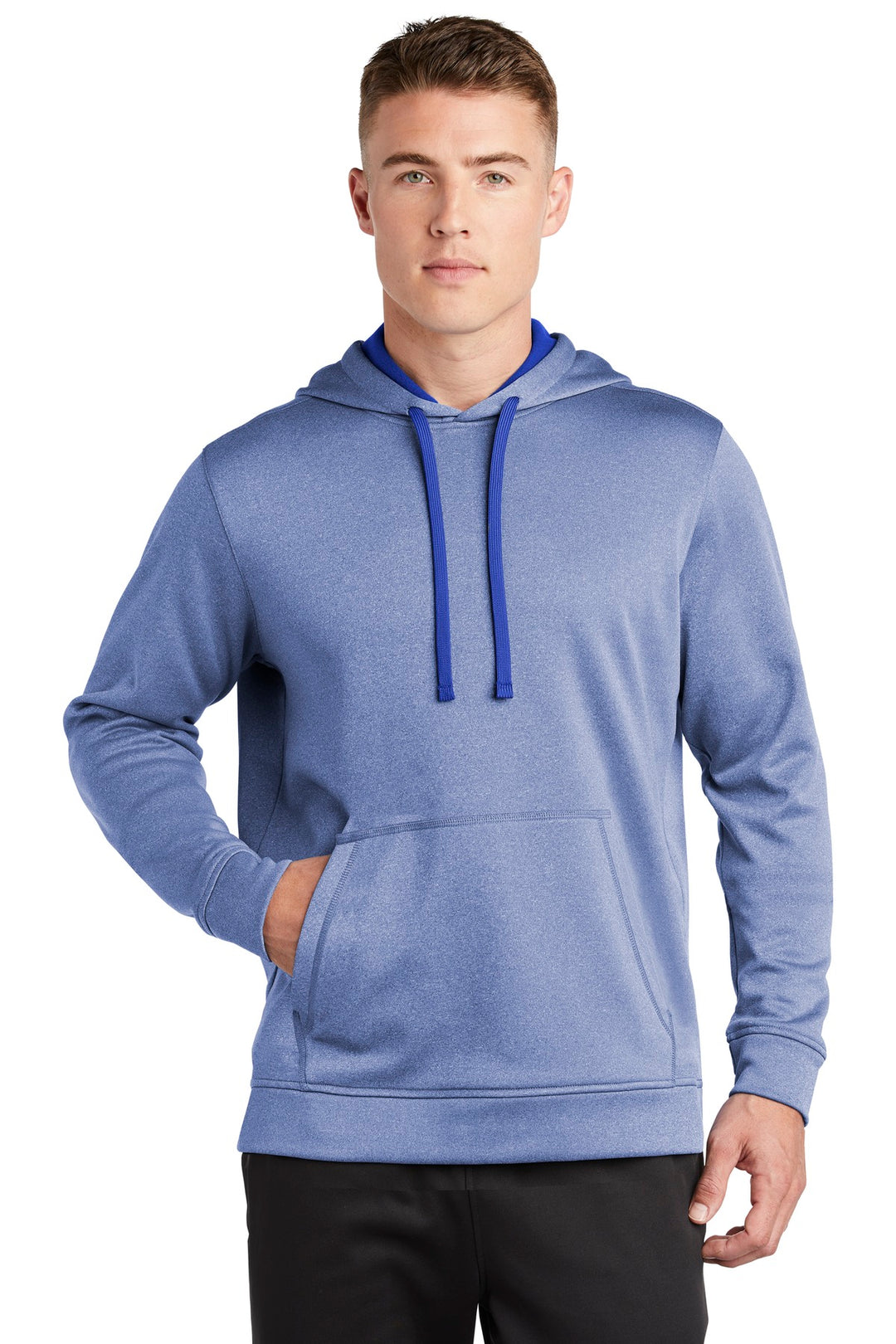 Front View of True Royal Hth Sport-Tek PosiCharge Sport-Wick Heather Fleece Hooded Pullover. ST264