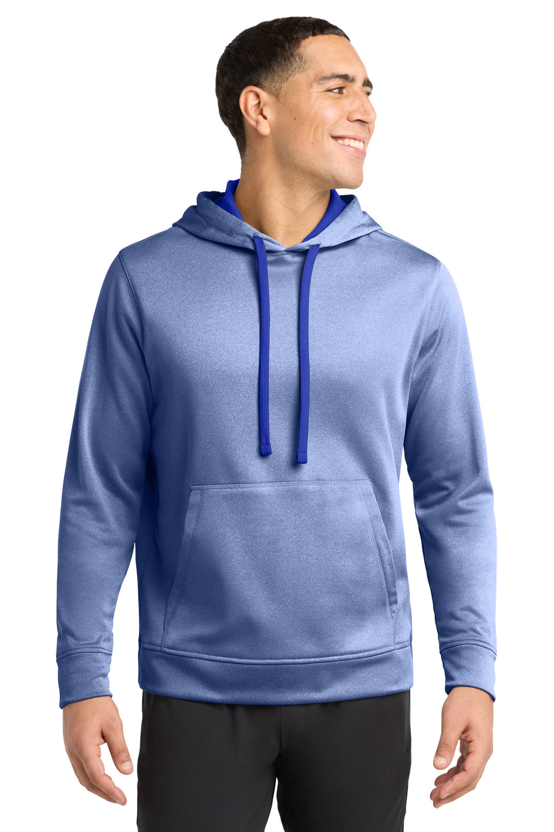 Front View of True Royal Hth Sport-Tek PosiCharge Sport-Wick Heather Fleece Hooded Pullover. ST264