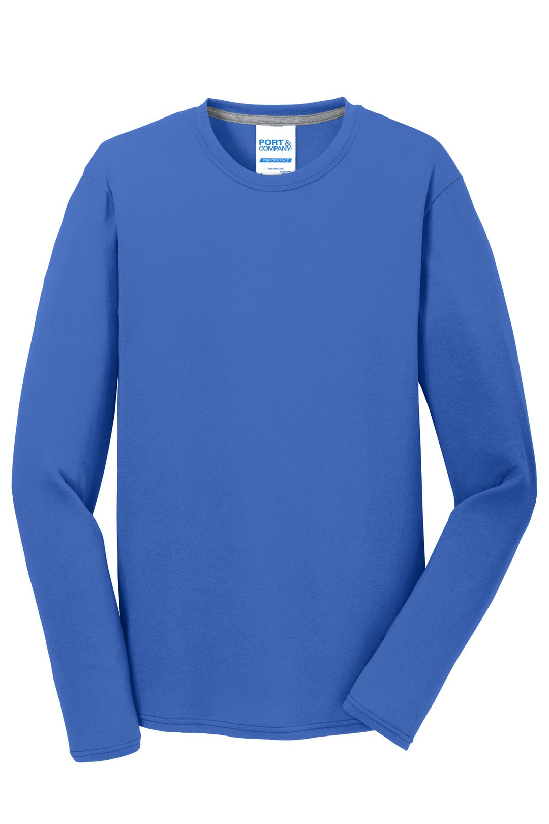 Front View of True Royal Port & Company Long Sleeve Performance Blend Tee. PC381LS