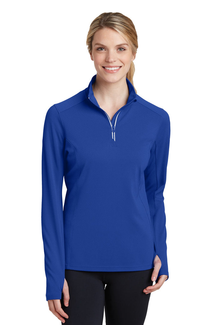 Front View of True Royal Sport-Tek Women's Sport-Wick Textured 1/4-Zip Pullover. LST860