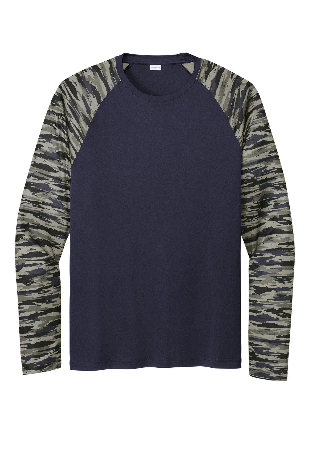 Front View of TrueNavy Sport-Tek Drift Camo Colorblock Long Sleeve Tee ST376LS
