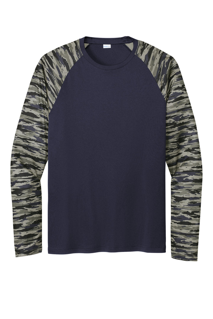 Front View of TrueNavy Sport-Tek Drift Camo Colorblock Long Sleeve Tee ST376LS