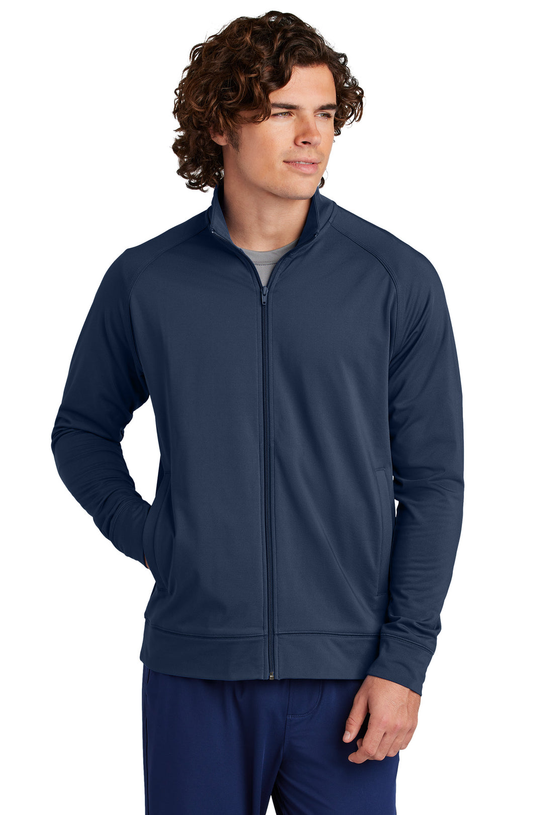 Front View of TrueNavy Sport-Tek Sport-Wick Stretch Full-Zip Cadet Jacket ST857