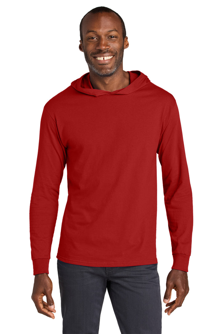 Front View of TrueRed Jerzees Classics Unisex Cotton Long Sleeve Hooded T-Shirt 363LH
