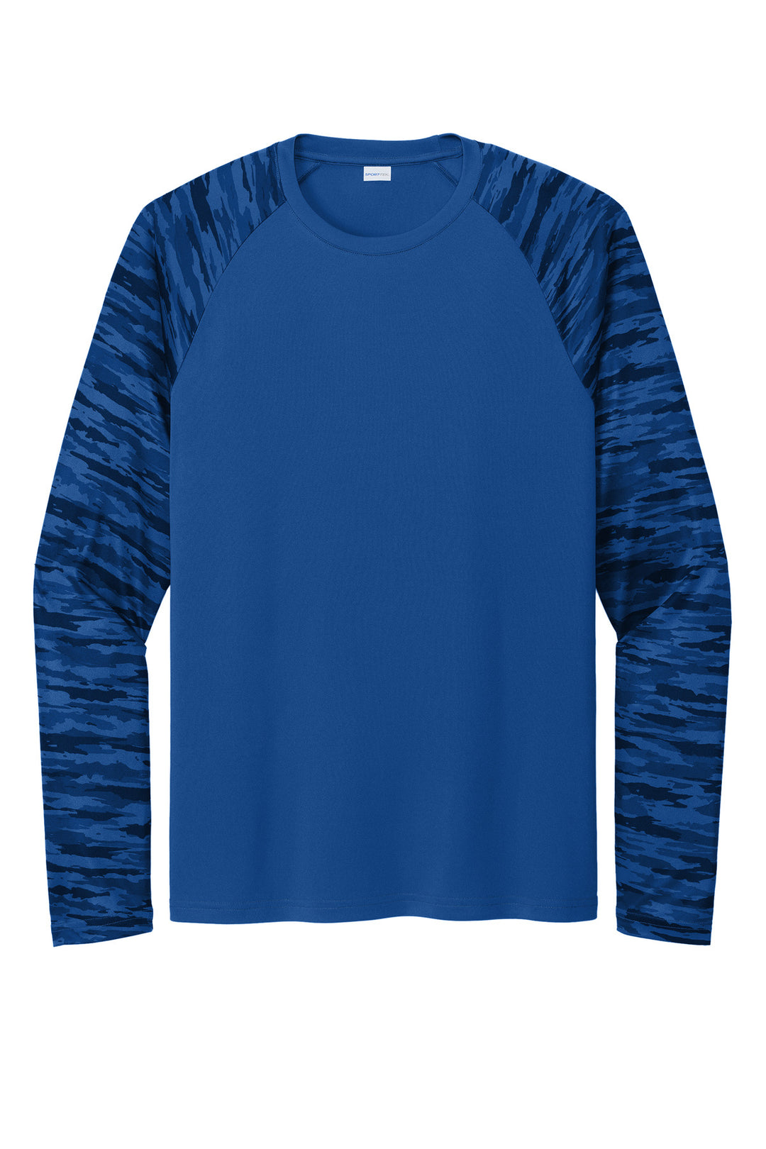 Front View of TrueRoyal Sport-Tek Drift Camo Colorblock Long Sleeve Tee ST376LS