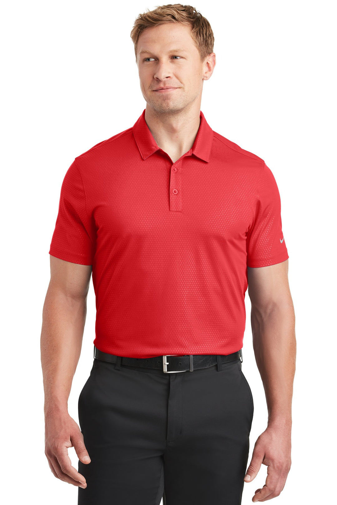 Front View of University Red Nike Dri-FIT Embossed Tri-Blade Polo. 838964