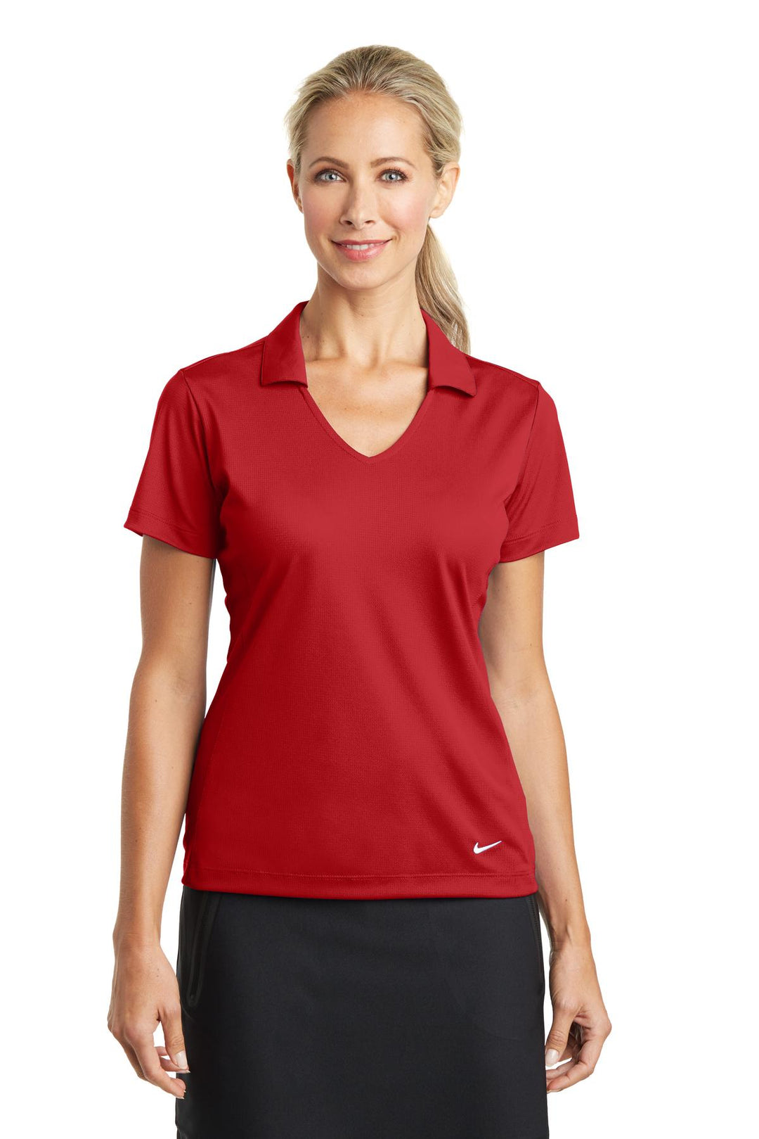 Front View of University Red Nike Women's Dri-FIT Vertical Mesh Polo. 637165