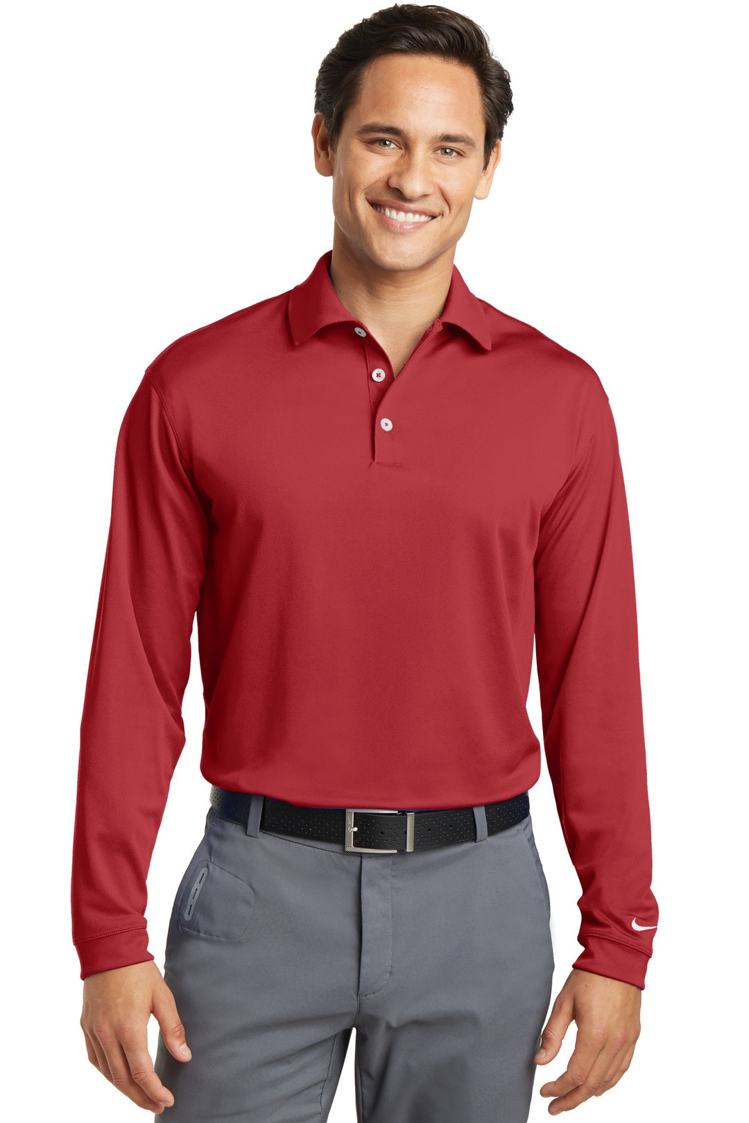Front View of Varsity Red Nike Tall Long Sleeve Dri-FIT Stretch Tech Polo. 604940