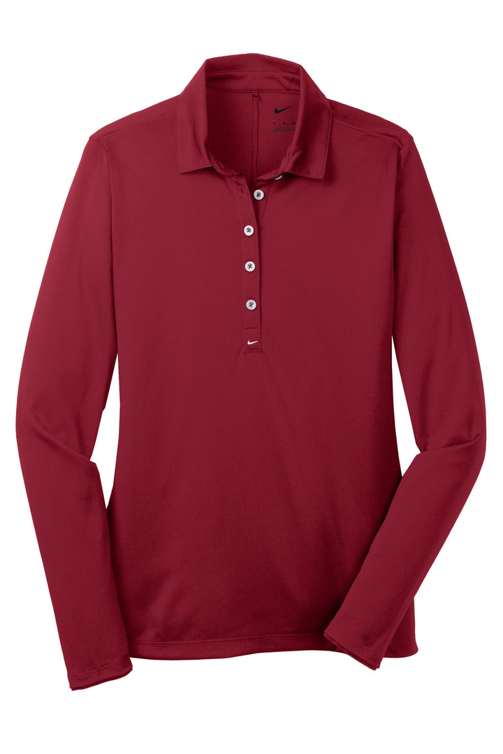 Front View of Varsity Red Nike Women's Long Sleeve Dri-FIT Stretch Tech Polo. 545322