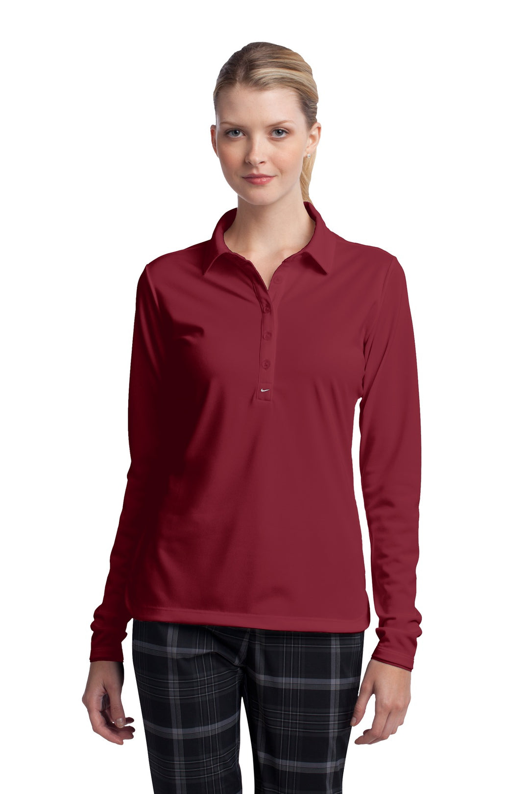 Front View of Varsity Red Nike Women's Long Sleeve Dri-FIT Stretch Tech Polo. 545322