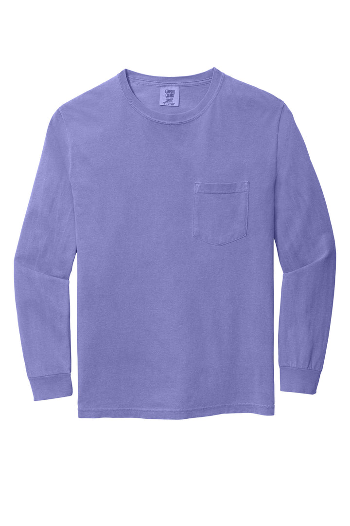 Front View of Violet COMFORT COLORS Heavyweight Ring Spun Long Sleeve Pocket Tee. 4410