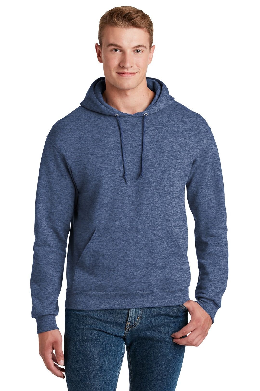 Front View of Vntg Hthr Blue Jerzees NuBlend Pullover Hooded Sweatshirt. 996M