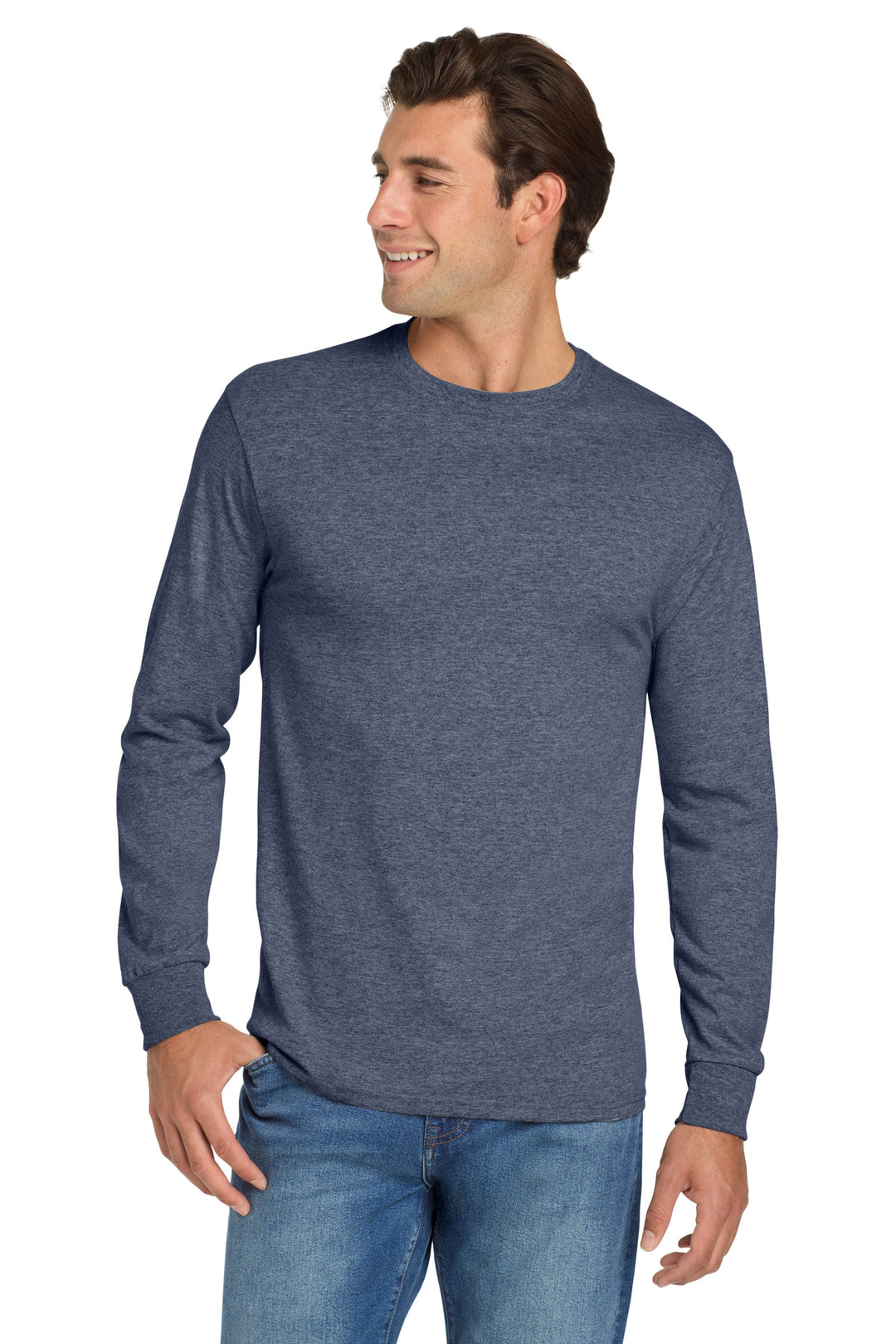 Front View of VtgHtrNavy Jerzees - Dri-Power 50/50 Cotton/Poly Long Sleeve T-Shirt. 29LS