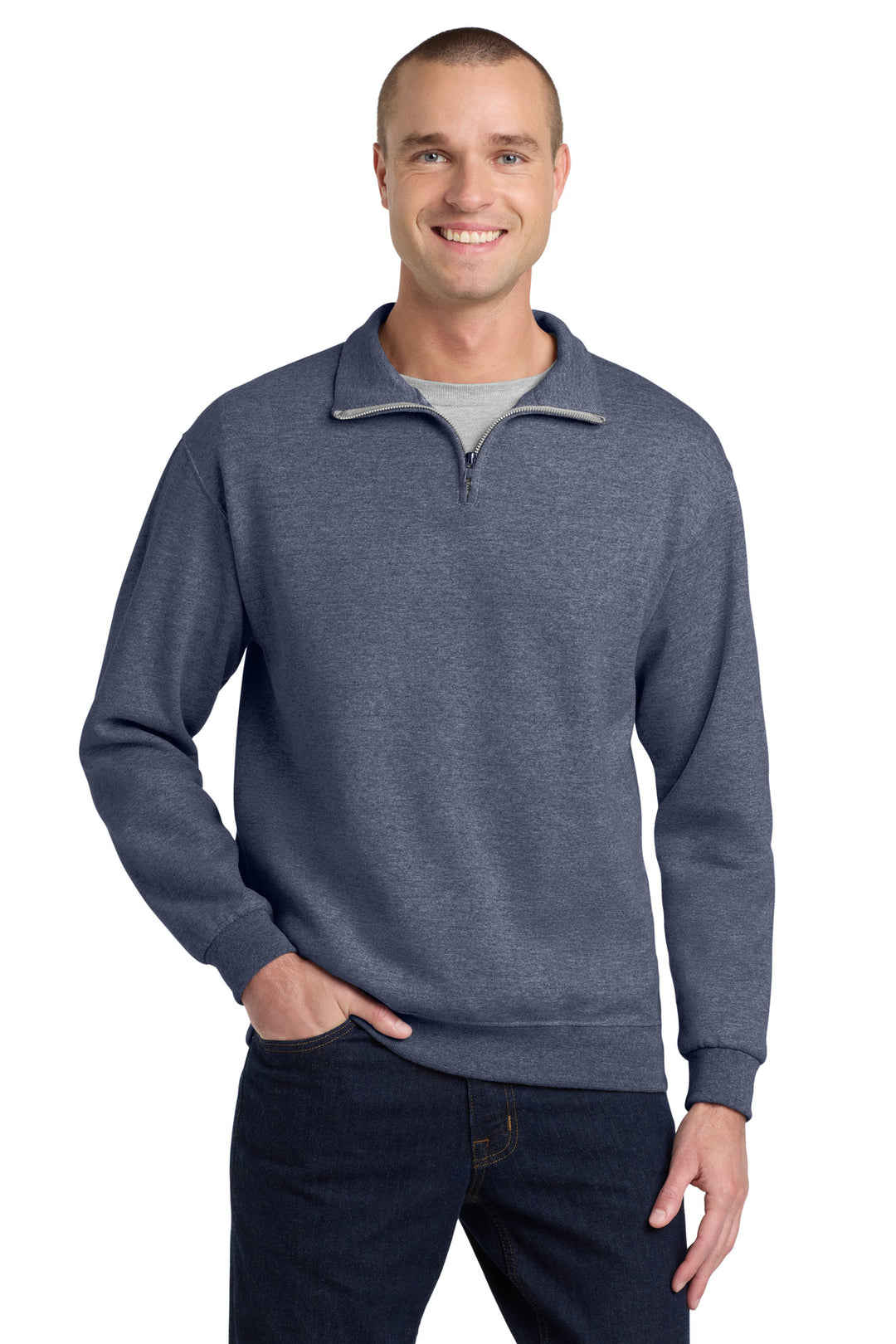 Front View of VtgHtrNavy Jerzees - NuBlend 1/4-Zip Cadet Collar Sweatshirt. 995M