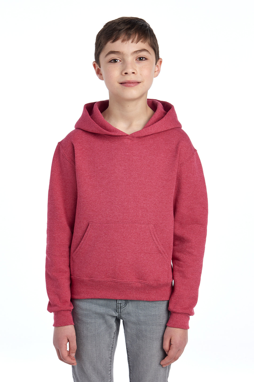 Front View of VtgHtrRed Jerzees - Youth NuBlend Pullover Hooded Sweatshirt. 996Y