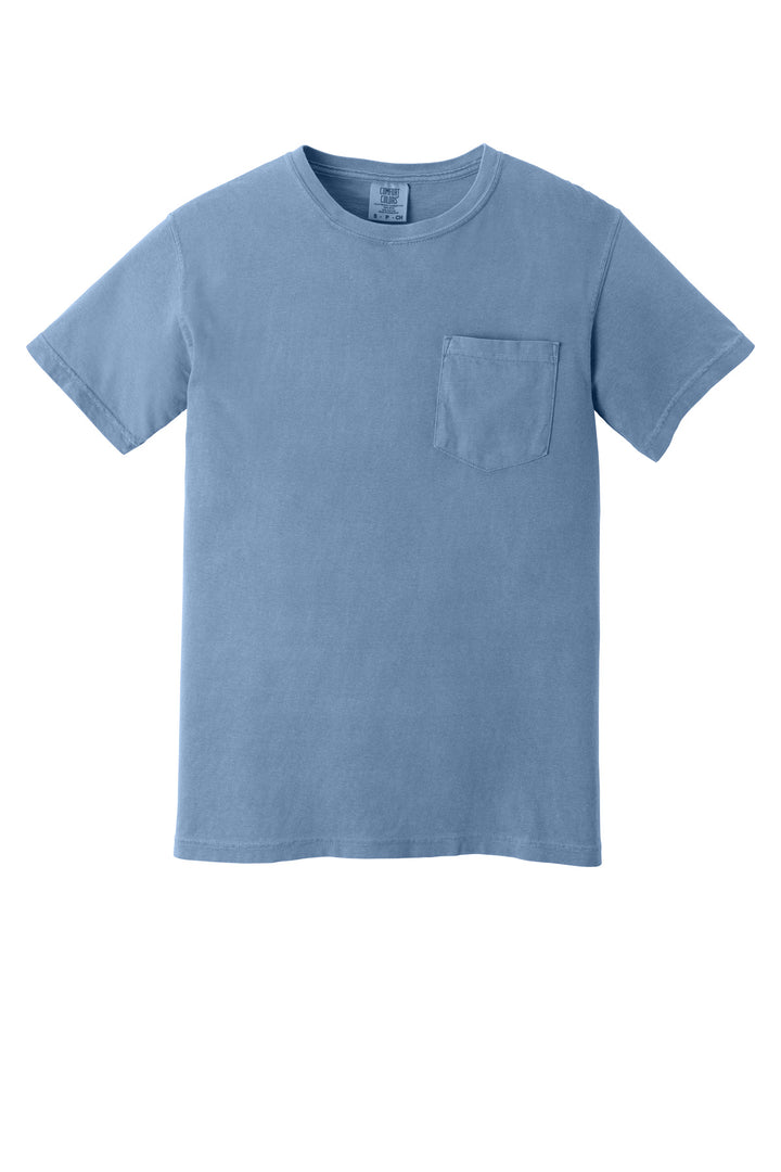 Front View of Washed Denim COMFORT COLORS Heavyweight Ring Spun Pocket Tee. 6030