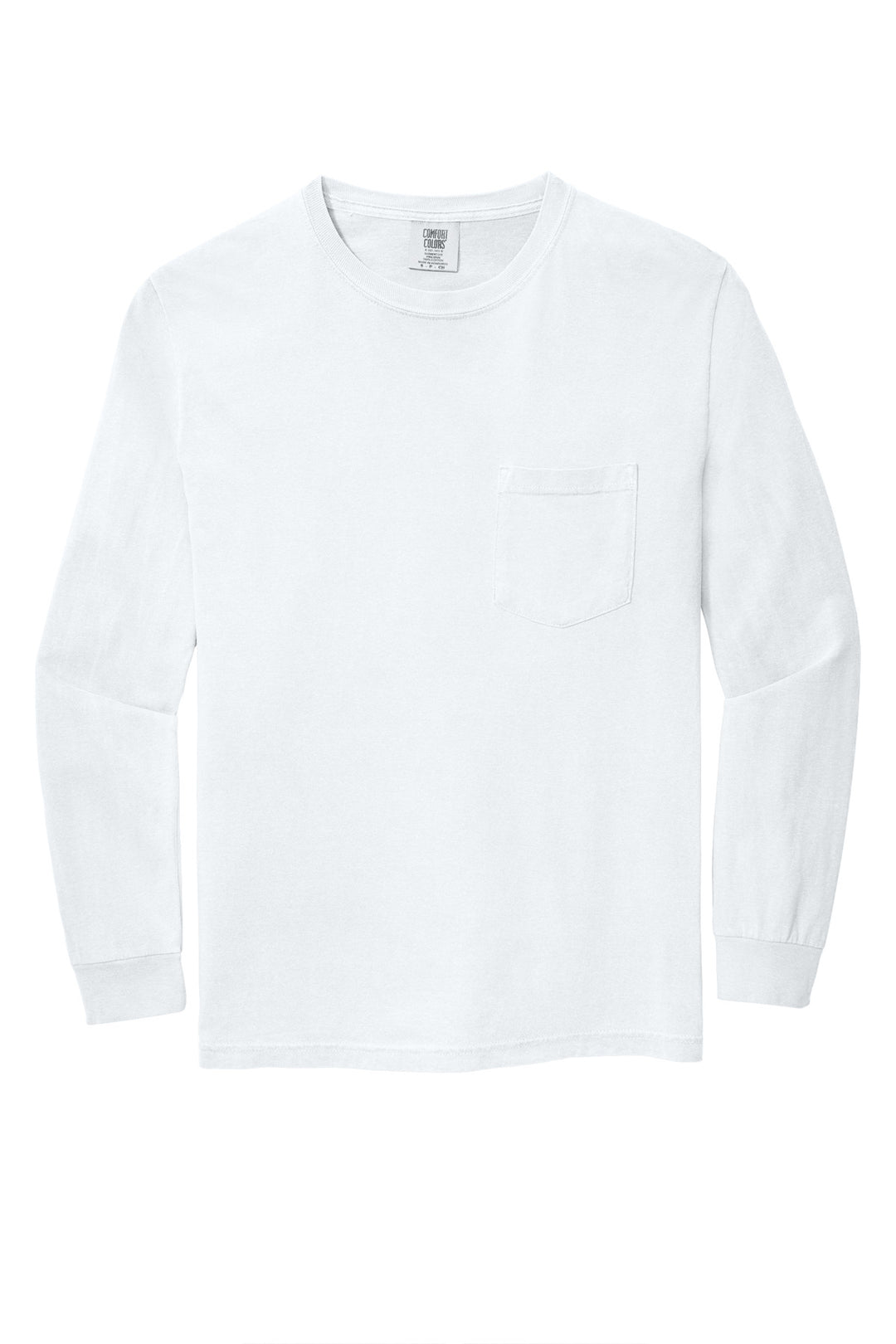 Front View of White COMFORT COLORS Heavyweight Ring Spun Long Sleeve Pocket Tee. 4410