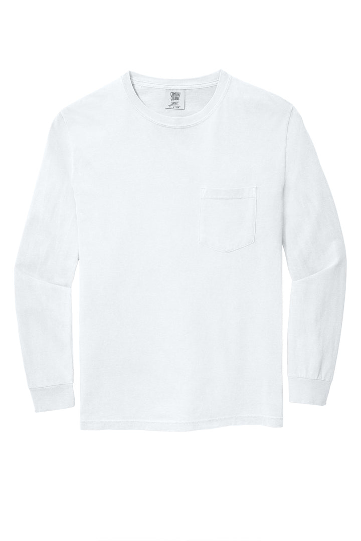 Front View of White COMFORT COLORS Heavyweight Ring Spun Long Sleeve Pocket Tee. 4410