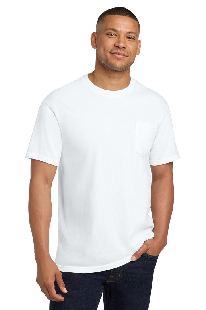 Front View of White COMFORT COLORS Heavyweight Ring Spun Pocket Tee. 6030