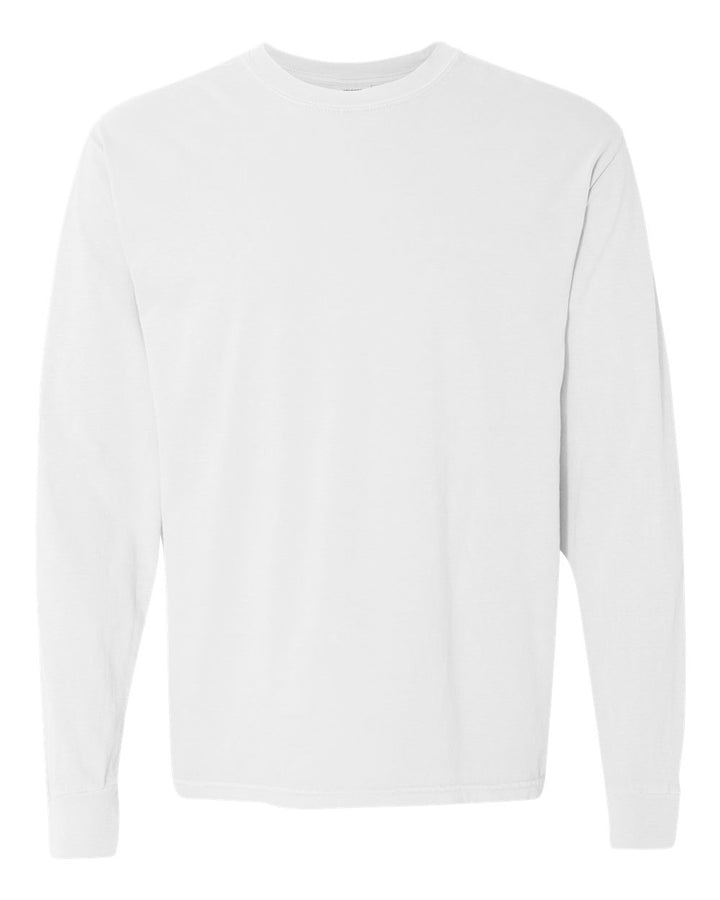 Front View of White Garment-Dyed Heavyweight Long Sleeve T-Shirt - 6014