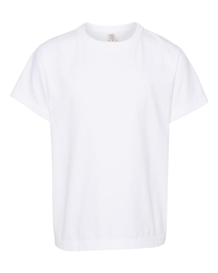 Front View of White Garment-Dyed Youth Heavyweight T-Shirt - 9018