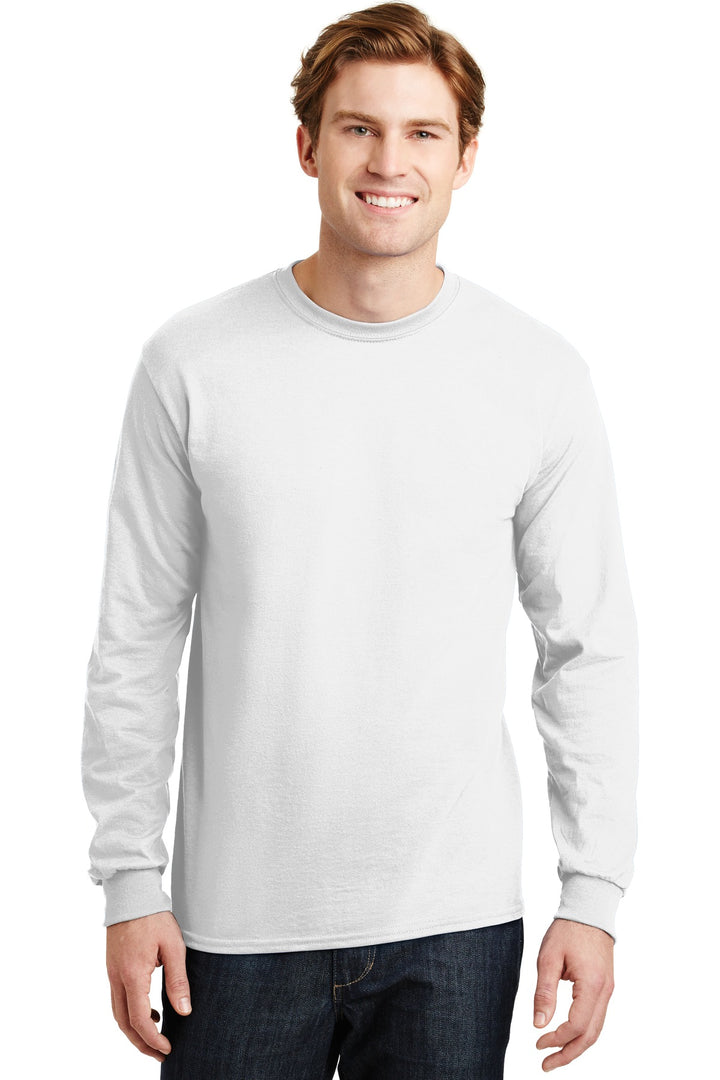 Front View of White Gildan - DryBlend 50 Cotton/50 Poly Long Sleeve T-Shirt. 8400