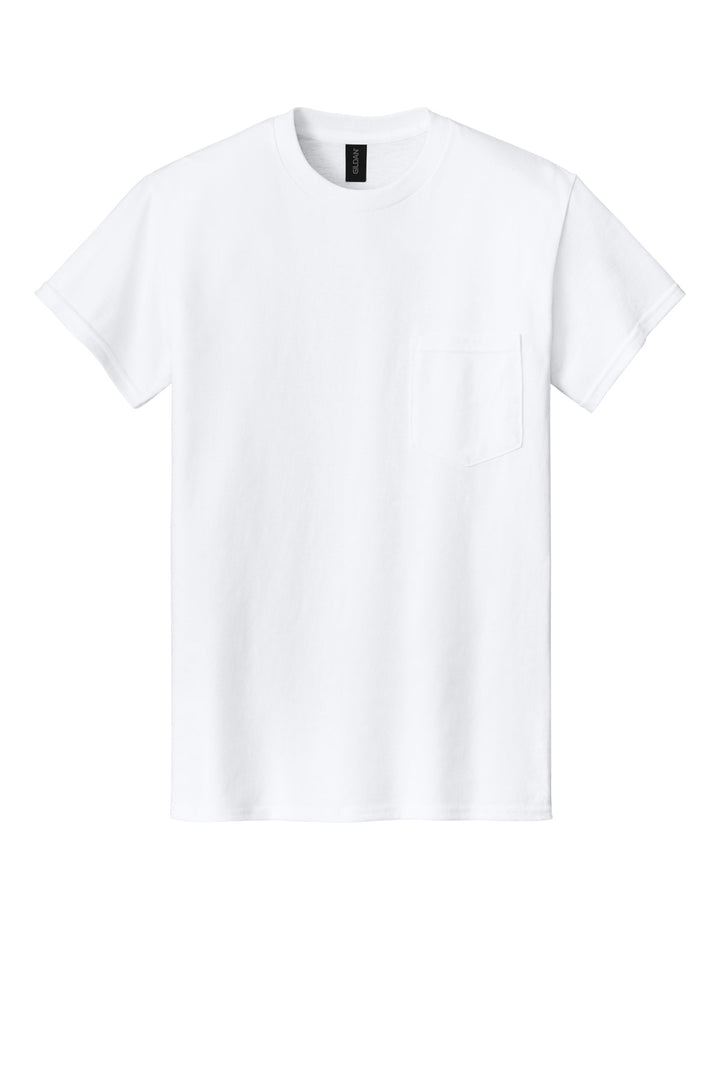 Front View of White Gildan - DryBlend 50 Cotton/50 Poly Pocket T-Shirt. 8300