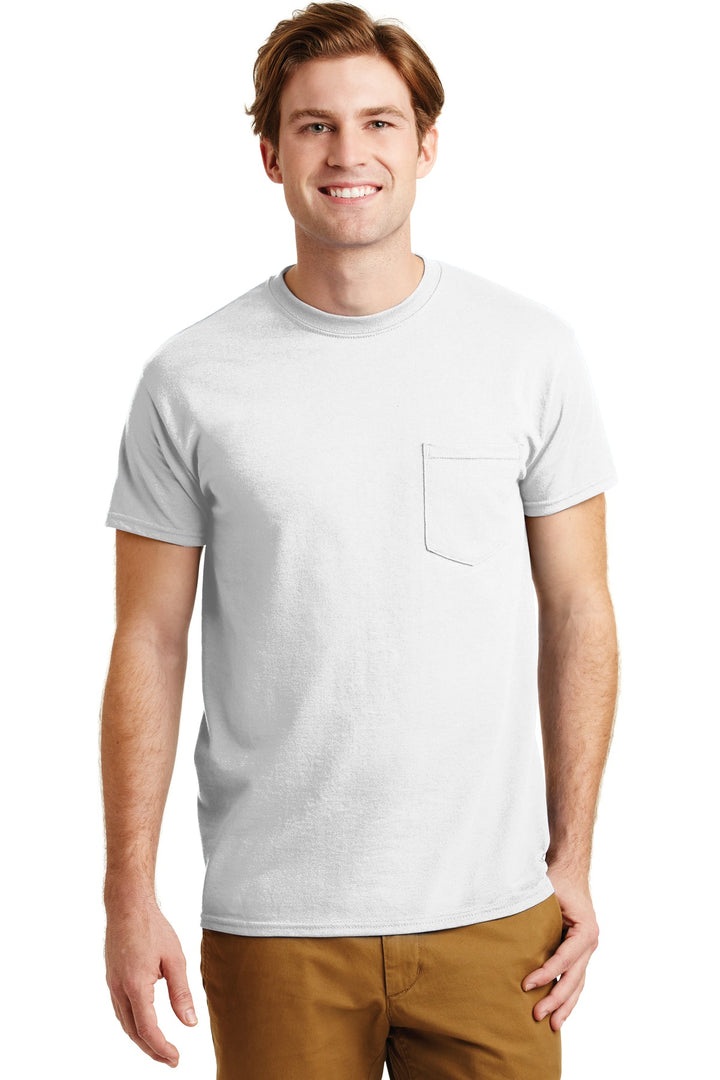 Front View of White Gildan - DryBlend 50 Cotton/50 Poly Pocket T-Shirt. 8300