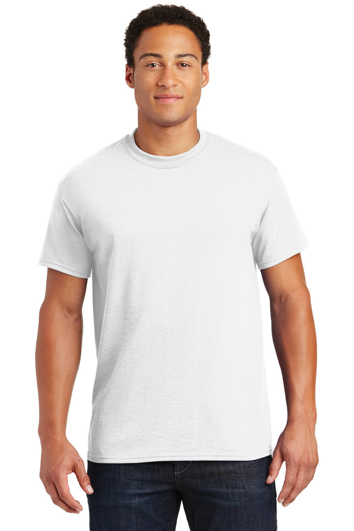 Front View of White Gildan DryBlend 50 Cotton/50 Poly T-Shirt. 8000