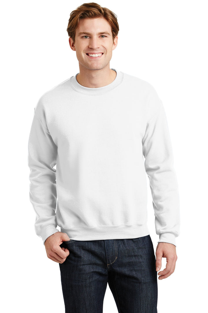 Front View of White Gildan Heavy Blend Crewneck Sweatshirt. 18000