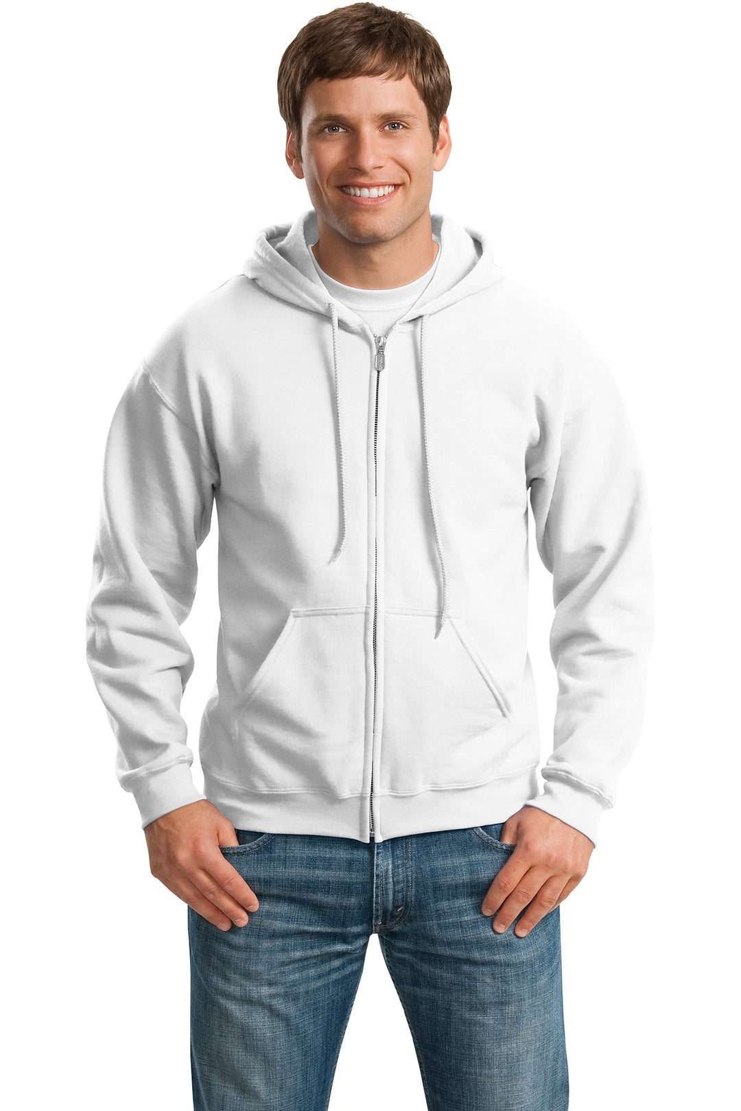 Front View of White Gildan - Heavy Blend Full-Zip Hooded Sweatshirt. 18600