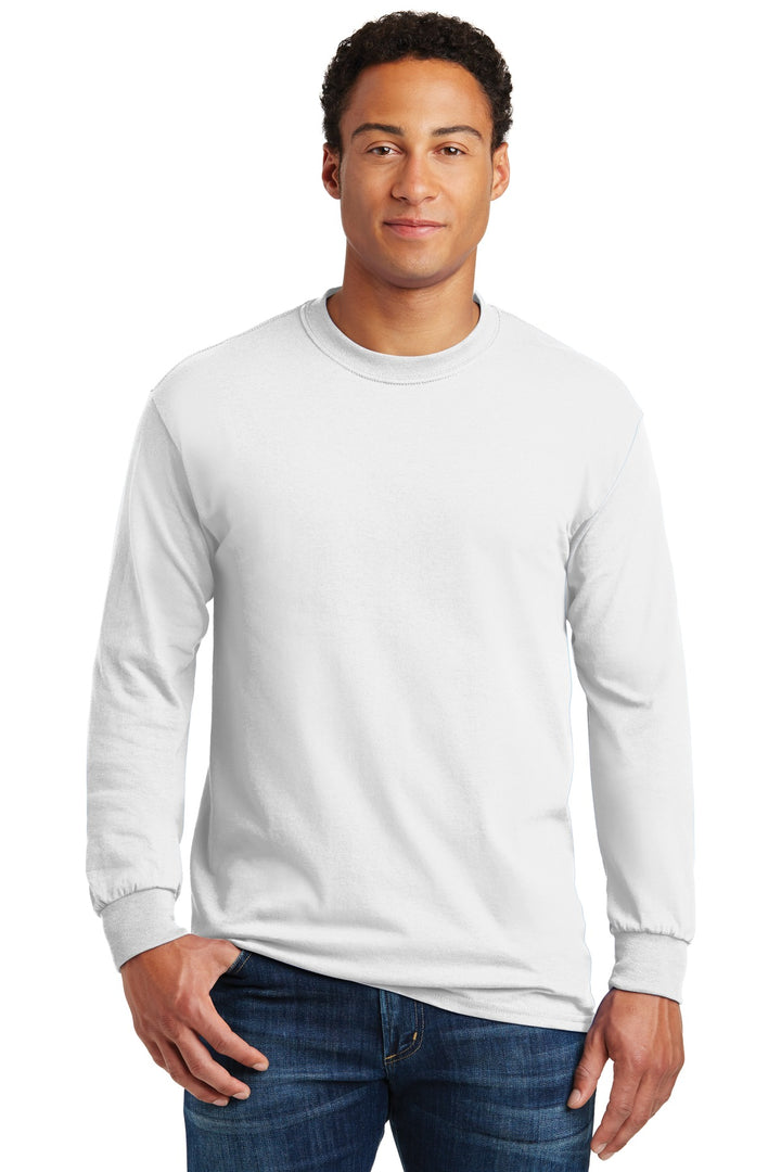 Front View of White Gildan - Heavy Cotton 100% Cotton Long Sleeve T-Shirt. 5400