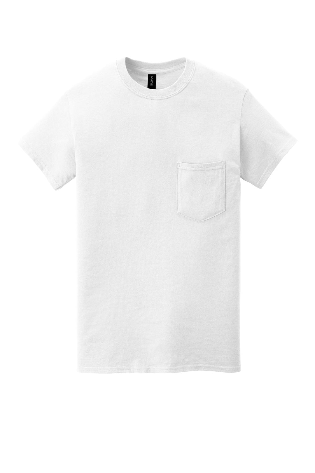 Front View of White Gildan Heavy Cotton 100% Cotton Pocket T-Shirt. 5300