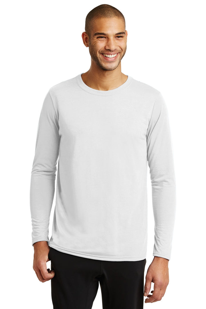 Front View of White Gildan Performance Long Sleeve T-Shirt. 42400