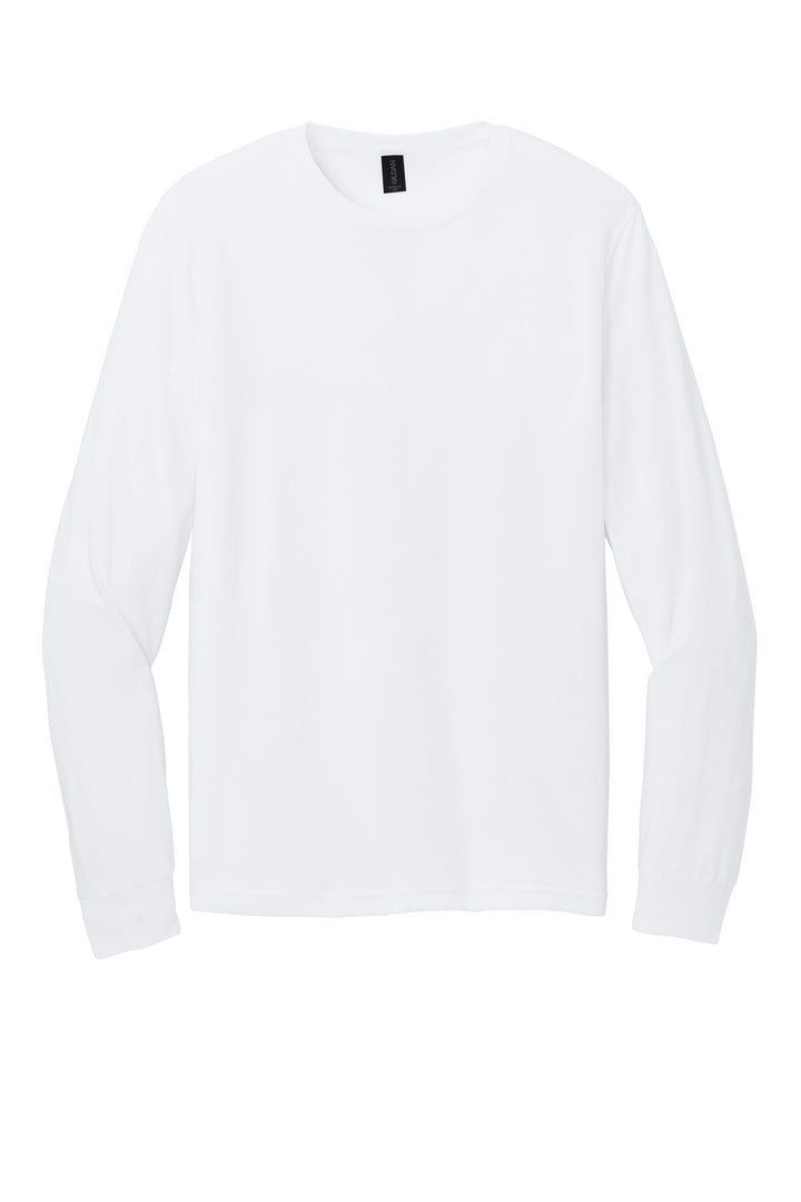 Front View of White Gildan Softstyle CVC Long Sleeve Tee 64440CVC