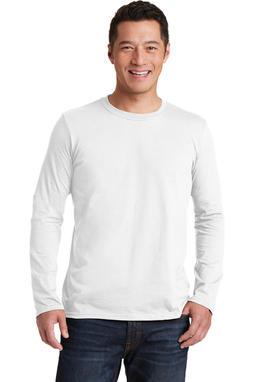 Front View of White Gildan Softstyle Long Sleeve T-Shirt. 64400