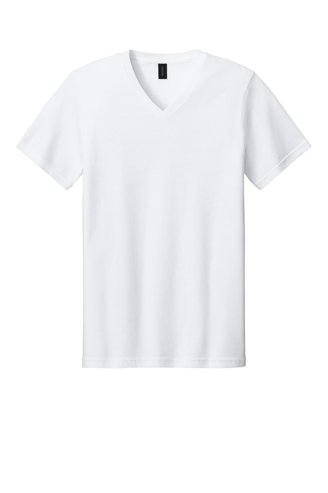 Front View of White Gildan Softstyle V-Neck T-Shirt. 64V00