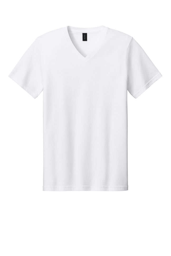 Front View of White Gildan Softstyle V-Neck T-Shirt. 64V00
