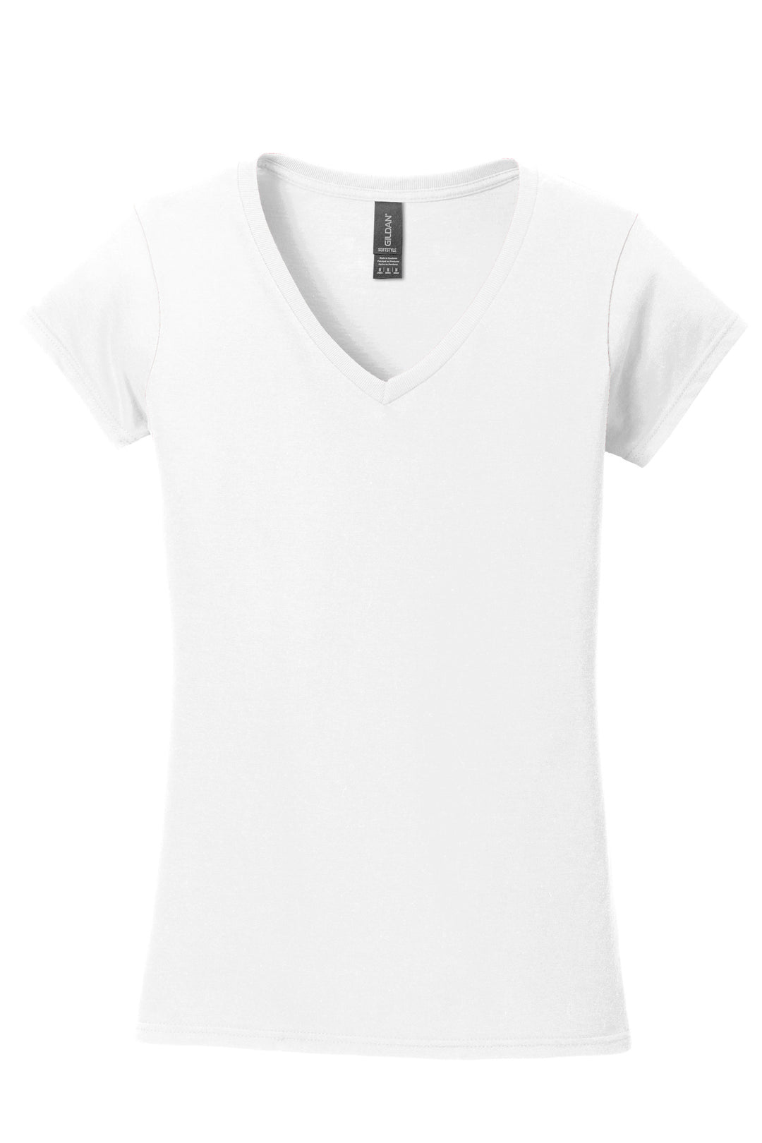 Front View of White Gildan Softstyle Women's Fit V-Neck T-Shirt. 64V00L