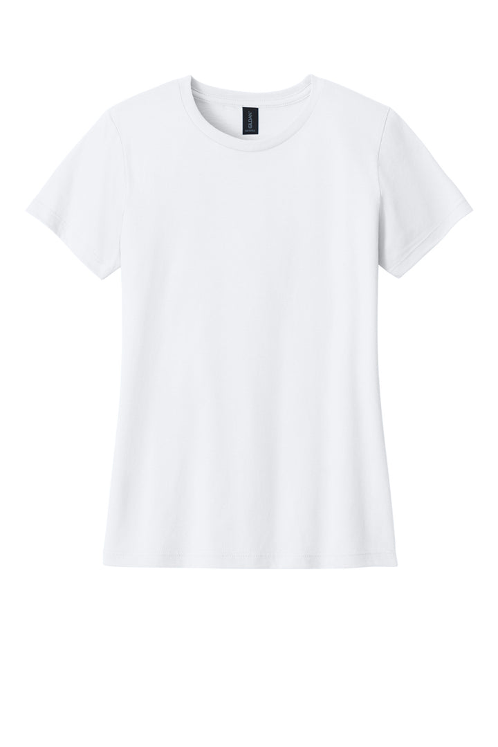 Front View of White Gildan Softstyle Women's T-Shirt. 64000L