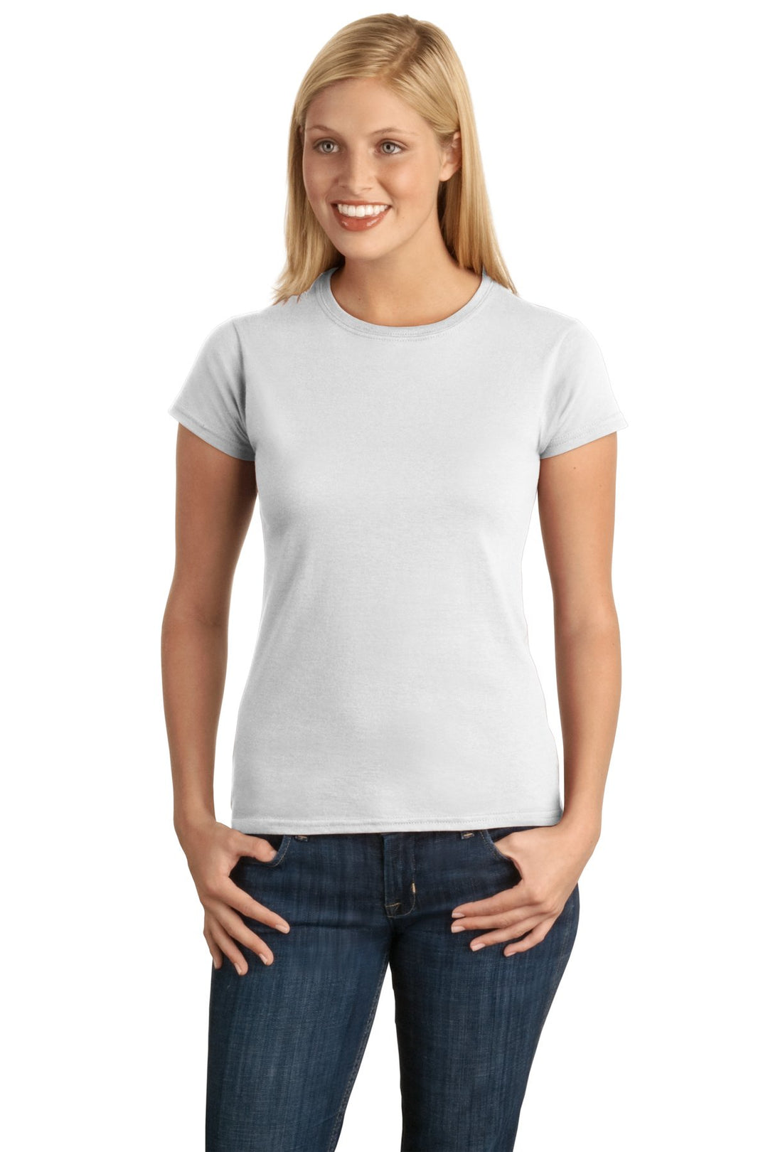Front View of White Gildan Softstyle Women's T-Shirt. 64000L