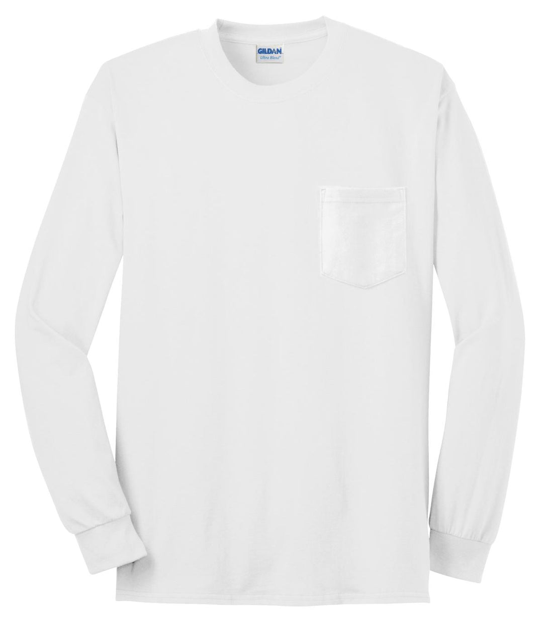 Front View of White Gildan - Ultra Cotton 100% US Cotton Long Sleeve T-Shirt with Pocket. 2410