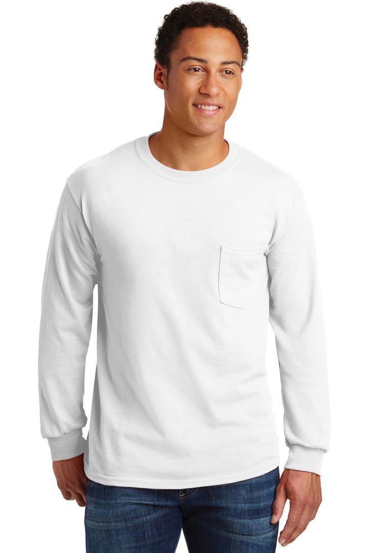 Front View of White Gildan - Ultra Cotton 100% US Cotton Long Sleeve T-Shirt with Pocket. 2410